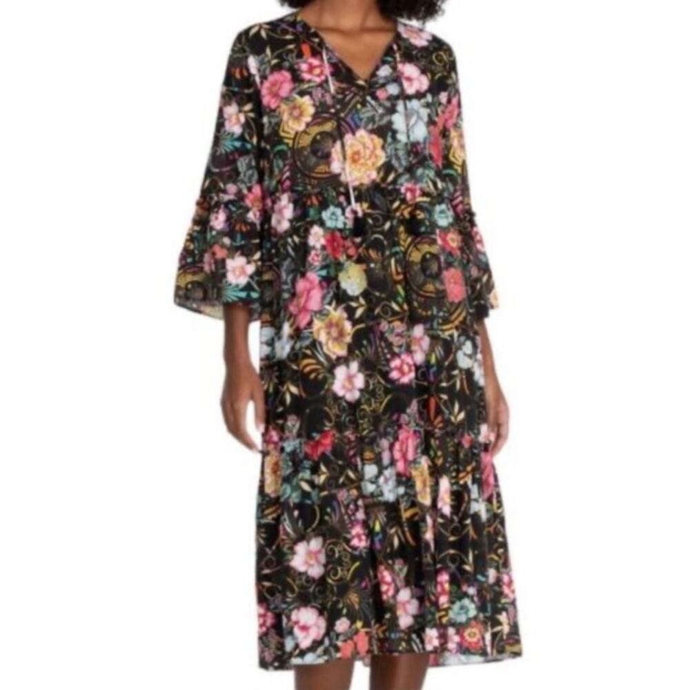 Johnny Was Womens Peace Ruffle Tiered Dress Medium Black Floral V Neck Boho - Picture 3 of 12